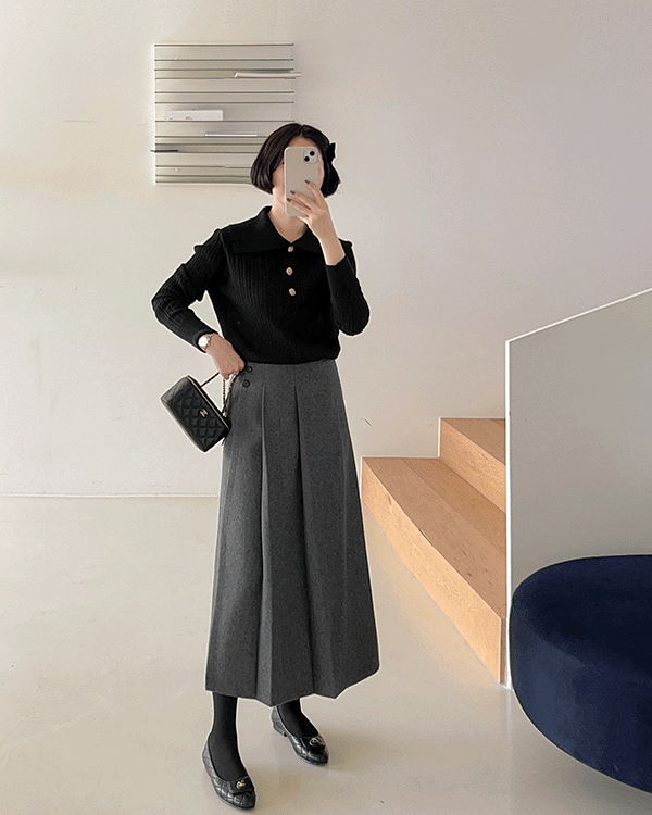Button Wool Pleats Skirt