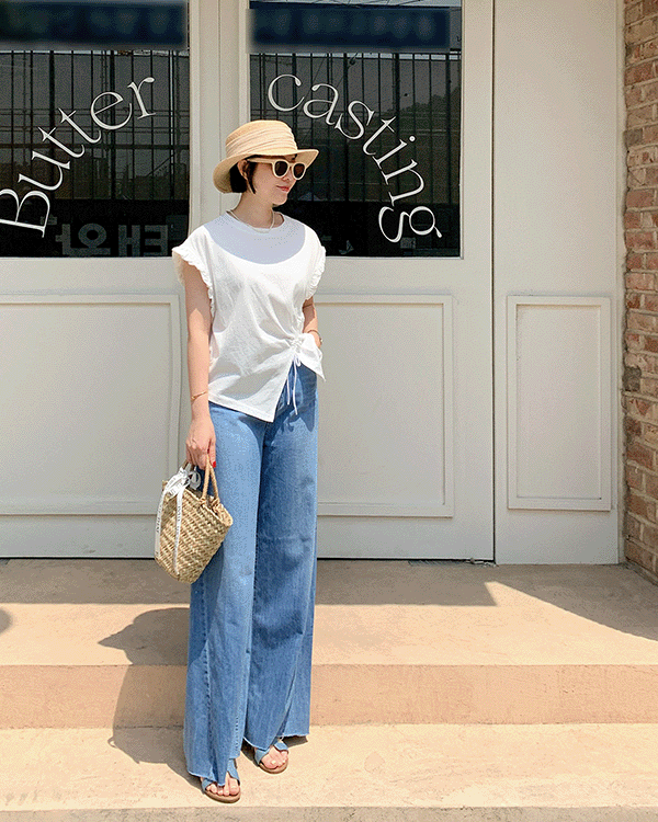 Diagonal wide denim pants