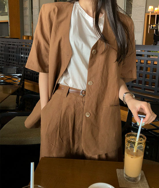 No collar Linen Short-sleeve Jacket