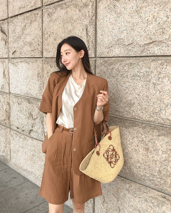 No collar Linen Short-sleeve Jacket