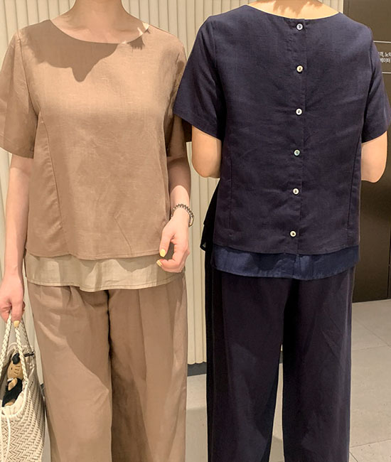 마리 Linen Short-sleeve Blouse