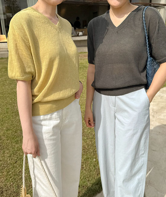홀가먼트 V-neck Short-sleeve Knit