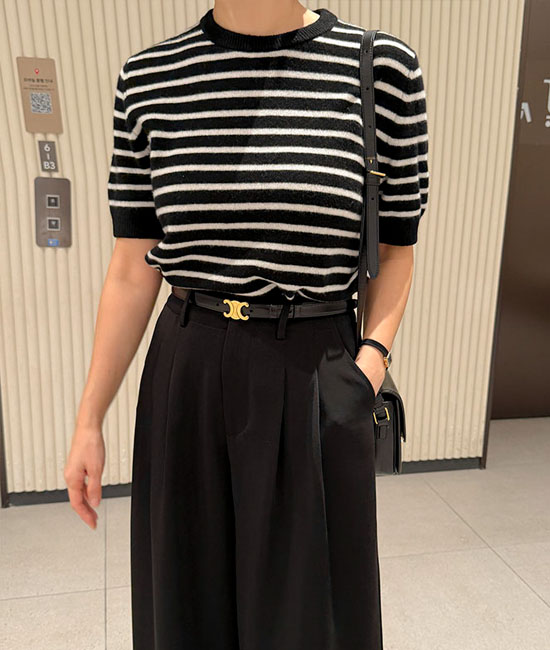 Wool100 Stripe Short-sleeve Knit